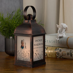 Personalised Memorial Photo Upload Lantern, Memorial Candle, Mum Remembrance With Wildflowers