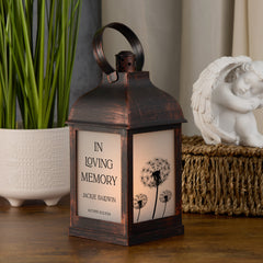 Personalised Memorial Photo Upload Lantern, Memorial Candle, In Loving Memory With Dandelions