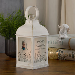 Personalised Memorial Photo Upload Lantern, Memorial Candle, Sister Remembrance With Wildflowers
