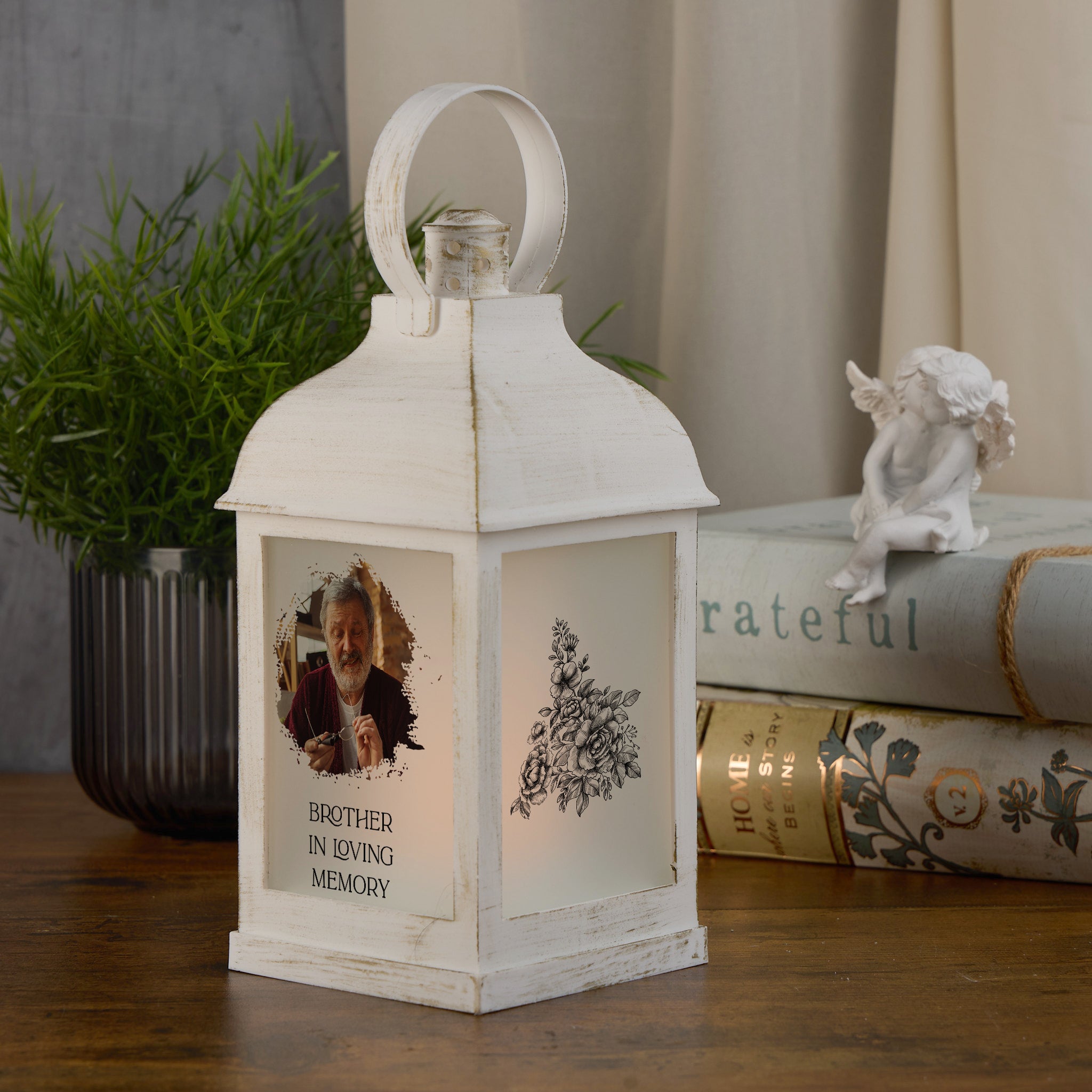 Personalised Memorial Photo Upload Lantern, Memorial Candle, Brother Remembrance With Rose memorial lantern ukgiftstoreonline