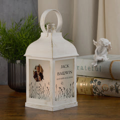 Personalised Memorial Photo Upload Lantern, Memorial Candle, Grandad Remembrance With Wildflowers