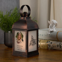 Personalised Memorial Photo Upload Lantern, Memorial Candle, Daughter Remembrance With Rose