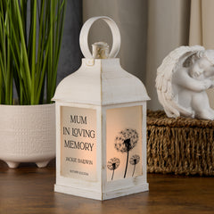 Personalised Memorial Photo Upload Lantern, Memorial Candle, Mum Loving Memory With Dandelions