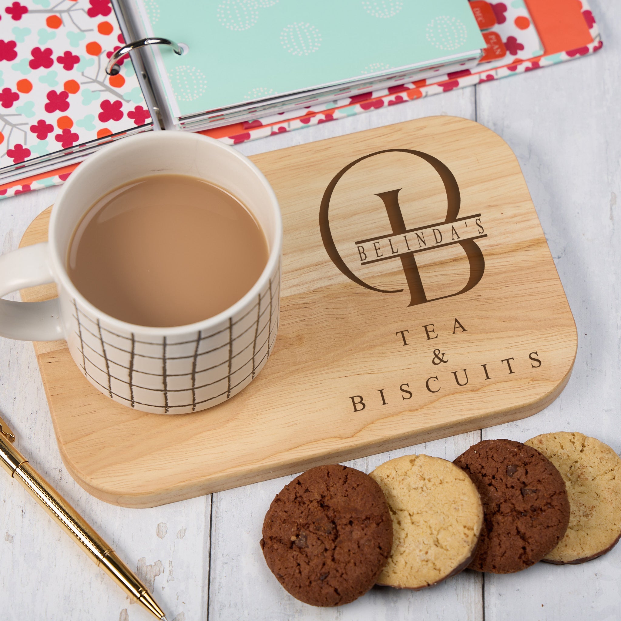 Personalised Wooden Tea, Coffee & Biscuit Serving Board With Name and Stylish Initial ukgiftstoreonline