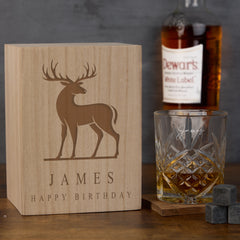 Personalised Whisky Set Stones & Tumbler Glass Engraved Stag Design