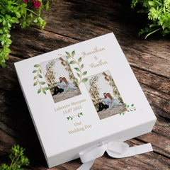 Personalised Wedding Keepsake Memory Box For Couples With Photo and Gold Leaf Border