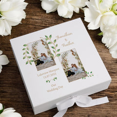 Personalised Wedding Keepsake Memory Box For Couples With Photo and Gold Leaf Border