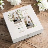 Personalised Wedding Keepsake Memory Box For Couples With Photo and Gold Leaf Border