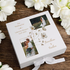 Personalised Elegant Wedding Memory Keepsake Box Custom Photos Gold Flower Design Couples Gifts For Wedding-Engagement-Anniversary