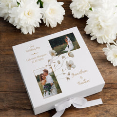 Personalised Elegant Wedding Memory Keepsake Box Custom Photos Gold Flower Design Couples Gifts For Wedding-Engagement-Anniversary