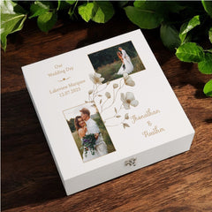 Personalised Elegant Wedding Memory Keepsake Box Custom Photos Gold Flower Design Couples Gifts For Wedding-Engagement-Anniversary