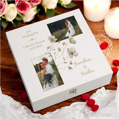 Personalised Elegant Wedding Memory Keepsake Box Custom Photos Gold Flower Design Couples Gifts For Wedding-Engagement-Anniversary