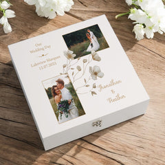 Personalised Elegant Wedding Memory Keepsake Box Custom Photos Gold Flower Design Couples Gifts For Wedding-Engagement-Anniversary