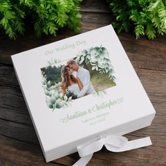 Personalised Luxury Wedding Memory Keepsake Box Custom Photos Couples Gifts Leaves Design