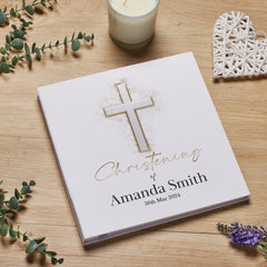 Personalised Large Christening Photo Album Linen Cover With Silver Cross