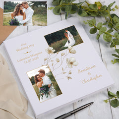 Personalised Large Linen Wedding Photo Album Custom Photos Memory Keepsake Album With Gold Frame and Flower