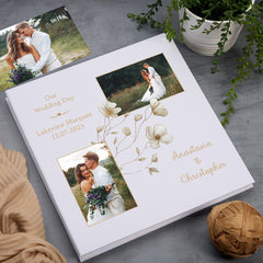 Personalised Large Linen Wedding Photo Album Custom Photos Memory Keepsake Album With Gold Frame and Flower