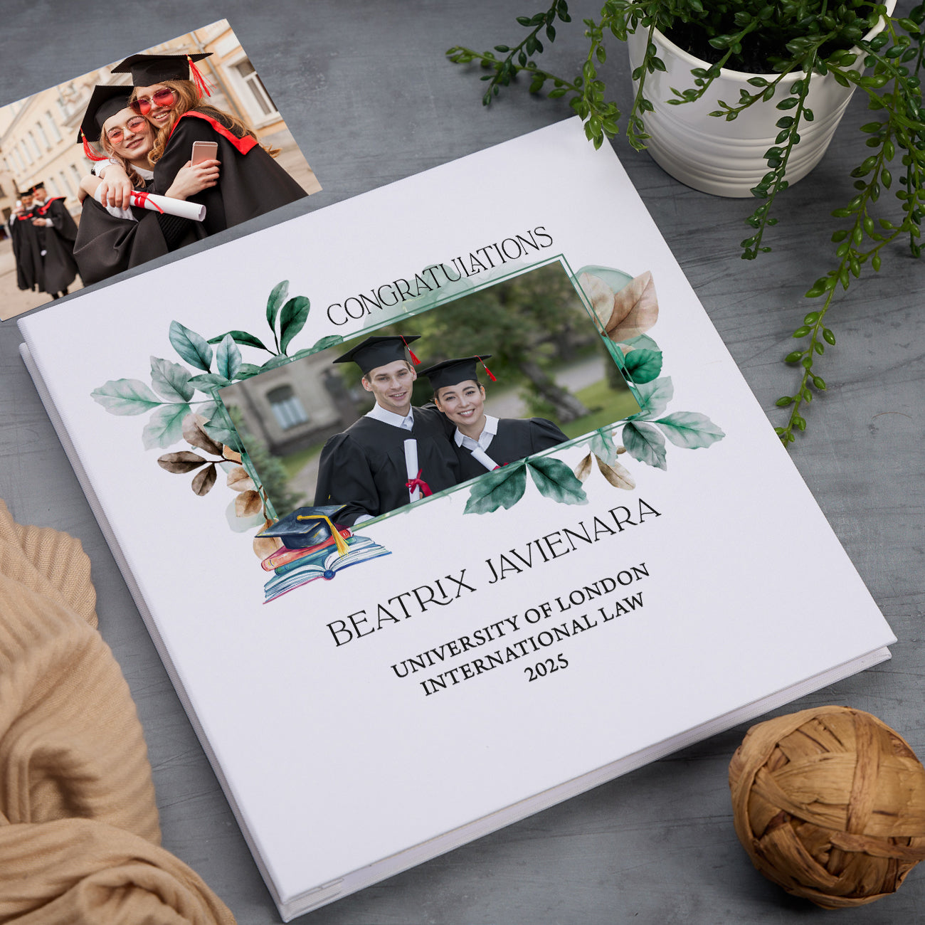 Personalised Large Linen Graduation Photo Album Elegant Leaves Design Custom Photo Graduation Day Memory Storage Album Linen Photo Album ukgiftstoreonline