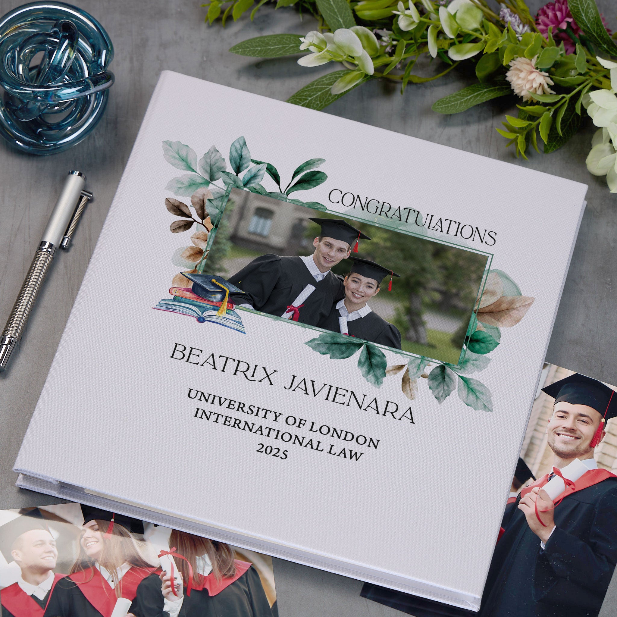 Personalised Large Linen Graduation Photo Album Elegant Leaves Design Custom Photo Graduation Day Memory Storage Album Linen Photo Album ukgiftstoreonline