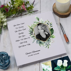 Personalised Large Linen Photo Funeral Condolence Memorial Album Green & Gold Frame