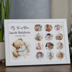 Customised My First Year Photo Frame, A4 Framed Print and Printed Photos With Cute Teddy Theme