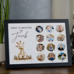 Customised Baby's First 12 Months Photo Frame, A4 Framed Print and Printed Photos With Cute Giraffe Theme