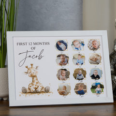 Customised Baby's First 12 Months Photo Frame, A4 Framed Print and Printed Photos With Cute Giraffe Theme