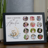 Customised Baby's First 12 Months Photo Frame, A4 Framed Print and Printed Photos With Cute Owl Theme