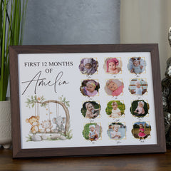 Customised Baby's First 12 Months Photo Frame, A4 Framed Print and Printed Photos With Cute Safari Theme