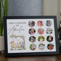Customised Baby's First 12 Months Photo Frame, A4 Framed Print and Printed Photos With Cute Safari Theme
