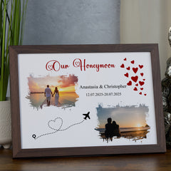 Personalised Love Heart Honeymoon Photo Frame, A4 Framed Print and Printed Photos Honeymoon Memory Keepsake
