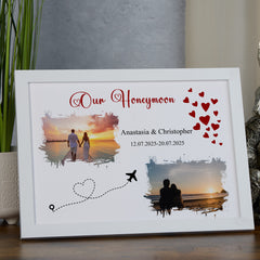 Personalised Love Heart Honeymoon Photo Frame, A4 Framed Print and Printed Photos Honeymoon Memory Keepsake
