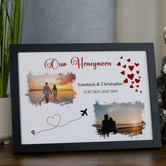 Personalised Love Heart Honeymoon Photo Frame, A4 Framed Print and Printed Photos Honeymoon Memory Keepsake