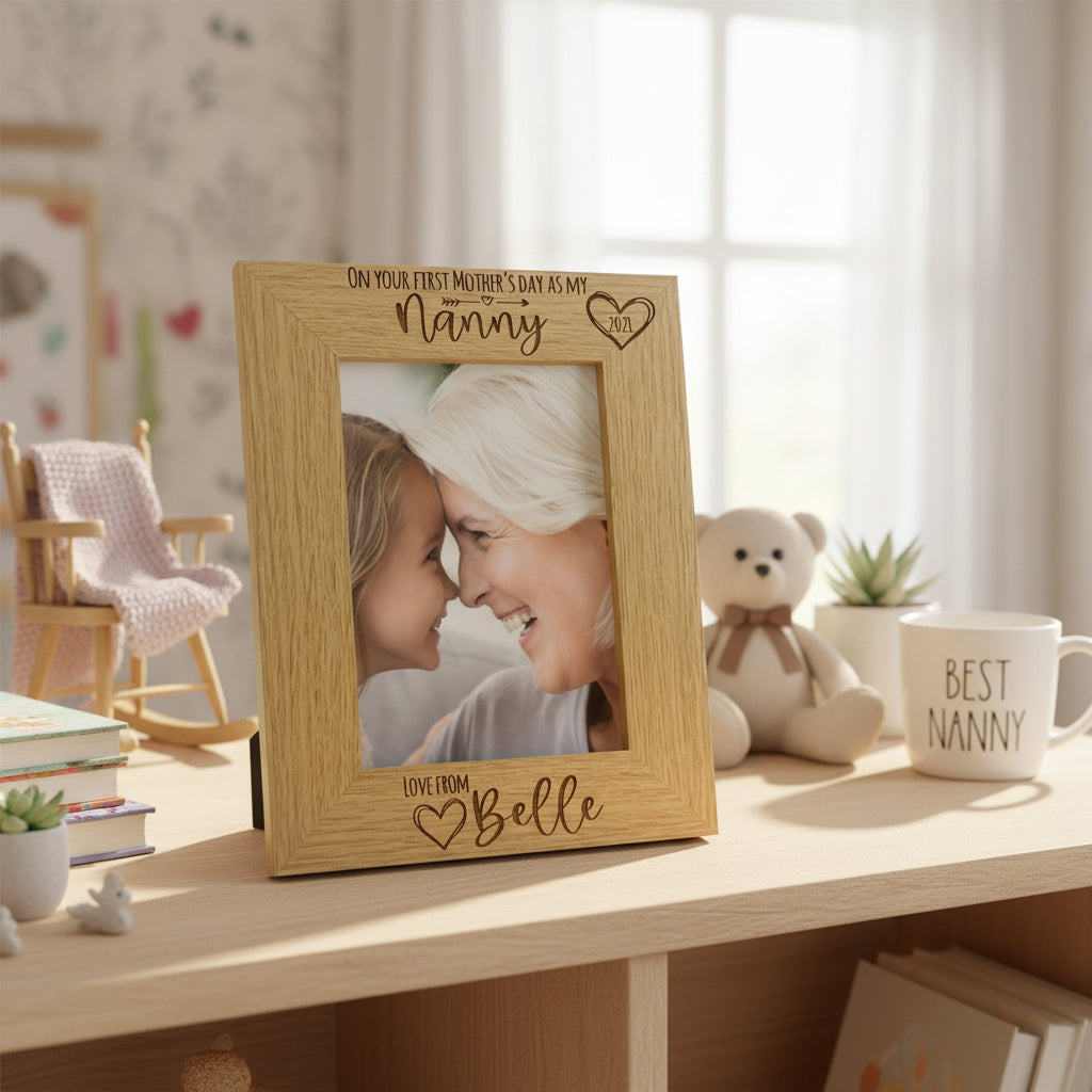 Personalised First Mothers Day as a Nanny Engraved Photo Frame Portrait Photo Frame ukgiftstoreonline