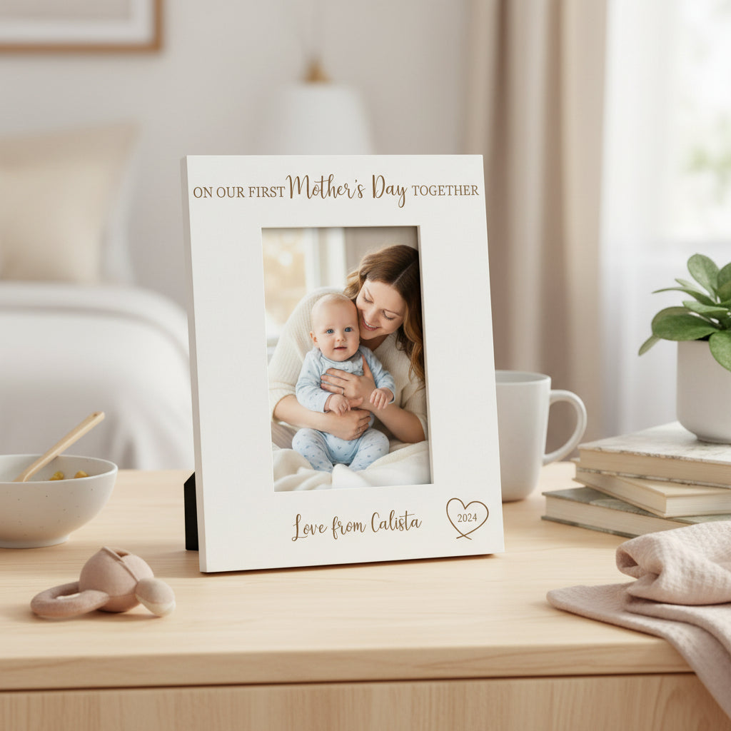 White Engraved Wooden Personalised On Our First Mothers Day Portrait Photo Frame Photo Frame ukgiftstoreonline