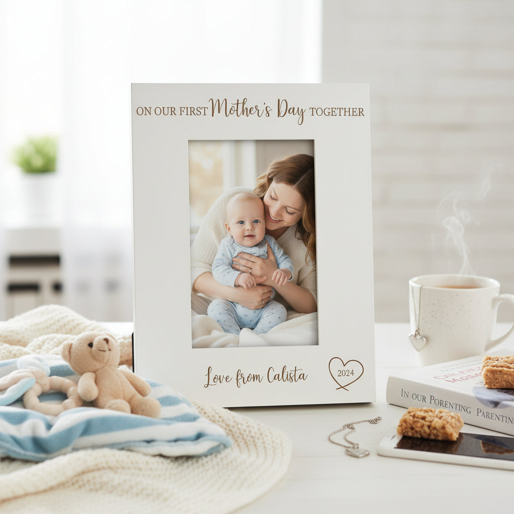 White Engraved Wooden Personalised On Our First Mothers Day Portrait Photo Frame Photo Frame ukgiftstoreonline