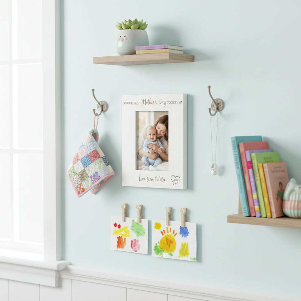 White Engraved Wooden Personalised On Our First Mothers Day Portrait Photo Frame Photo Frame ukgiftstoreonline