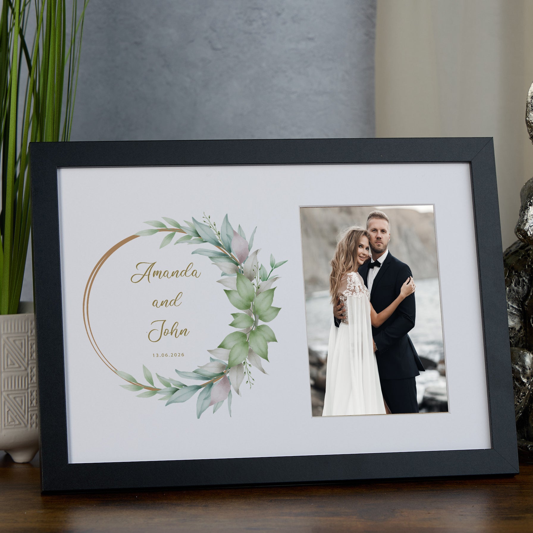 Personalised Wedding Photo Frame With Floral and Leaf Design Photo Frame ukgiftstoreonline Black