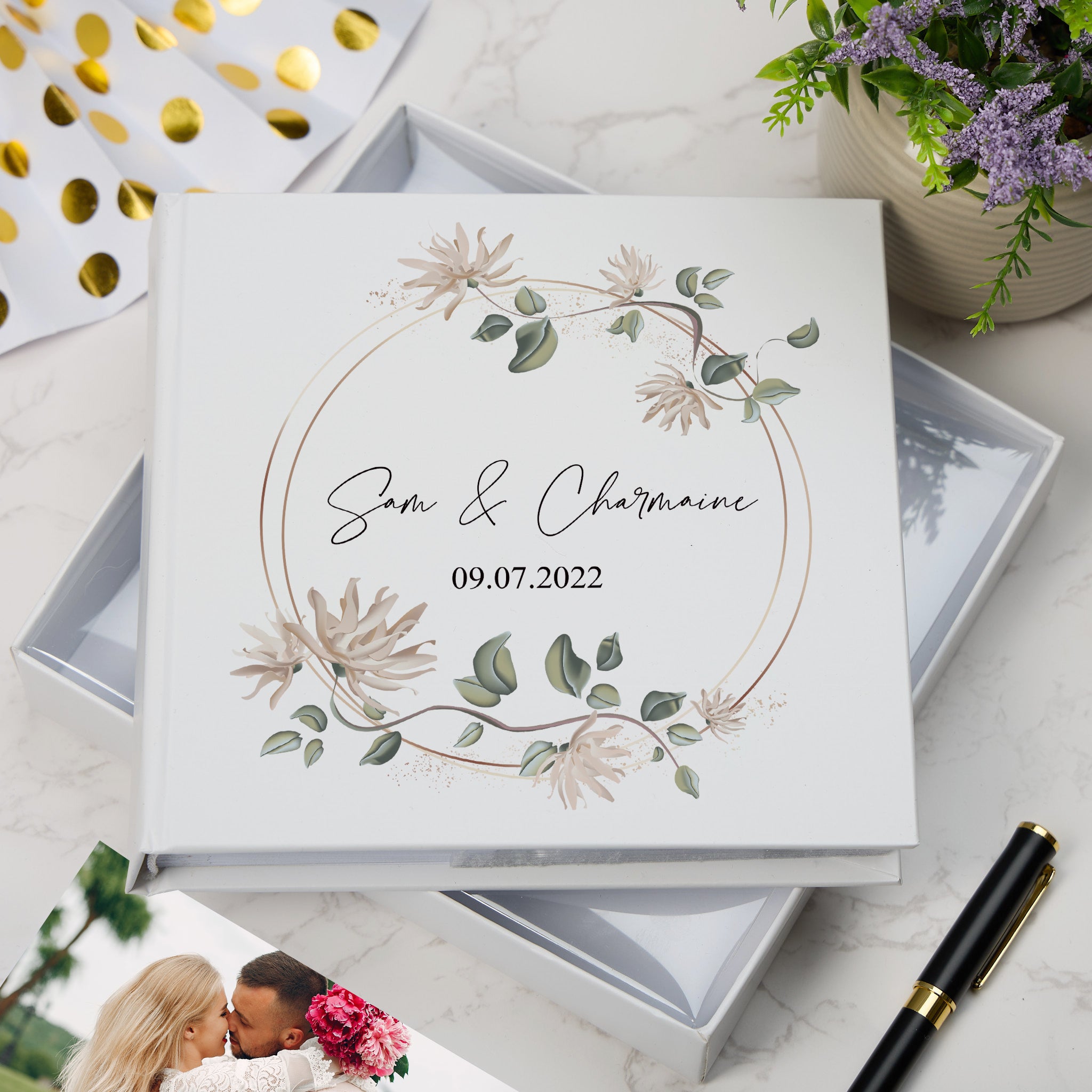 Personalised Wedding Photo album with any name and date Beige Wreath personalised photo album ukgiftstoreonline