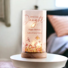 Personalised Daughter Gift Floral Lamp With Wood Base LED Night Light