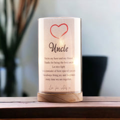 Personalised Uncle Gift Sentiment Night Lamp With Wood Base