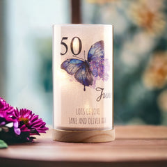 Personalised 50th Birthday Butterfly Gift Night Lamp With Wood Base
