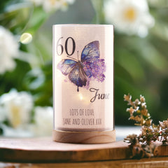 Personalised 60th Birthday Butterfly Gift Night Lamp With Wood Base