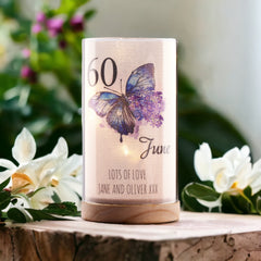 Personalised 60th Birthday Butterfly Gift Night Lamp With Wood Base