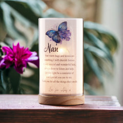 Personalised Nan Gift Beautiful Night Lamp With Wood Base and Sentiment