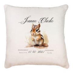 Personalised Baby Birth Nursery Cushion Present With Woodland Squirrel