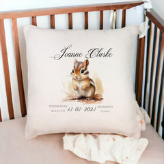 Personalised Baby Birth Nursery Cushion Present With Woodland Squirrel