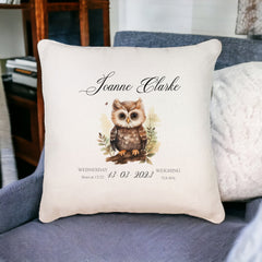 Personalised Baby Birth Nursery Cushion Present With Woodland Owl