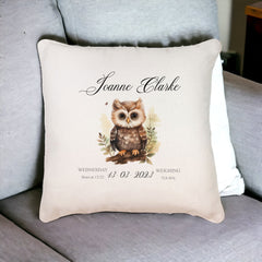 Personalised Baby Birth Nursery Cushion Present With Woodland Owl