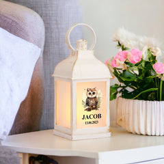 Personalised Baby Lamp Lantern Night Light With Woodland Owl